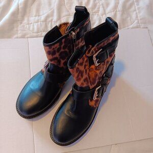 NINE WEST ARRIA WOMEN'S  BLACK CHEETAH PRINT BIKER BOOTS SIZE 7.5